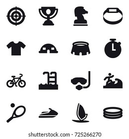 16 vector icon set : target, trophy, chess horse, smart bracelet, t-shirt, dome house, stadium, bike, pool, diving mask, surfer, tennis, jet ski, windsurfing, inflatable pool
