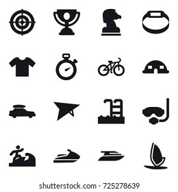16 vector icon set : target, trophy, chess horse, smart bracelet, t-shirt, stopwatch, bike, dome house, car baggage, deltaplane, pool, diving mask, surfer, jet ski, yacht, windsurfing