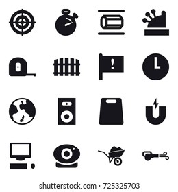16 vector icon set : target, stopwatch, nanotube, cashbox, measuring tape, fence, earth, speaker, cutting board, wheelbarrow, blower