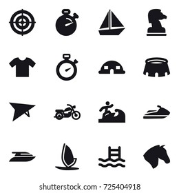 16 vector icon set : target, stopwatch, boat, chess horse, t-shirt, dome house, stadium, deltaplane, motorcycle, surfer, jet ski, yacht, windsurfing, pool, horse