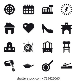 16 vector icon set : target, calendar, cashbox, lightning, home, heart, shoes, arch, mansion, disco ball, dresser, chair, mixer, pan, soil cutter
