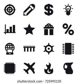 16 vector icon set : target, pencil, dollar, bulb, graph, star, gift, percent, notebook globe, bridge, handwheel, jug