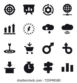 16 vector icon set : target, presentation, around gear, globe connect, graph up, lightning, cloude service, cloud wireless, add to cart, signpost 16 vector icon set : target, presentation, around gear, globe connect, graph up, lightning, cloude service, cloud wireless, add to cart, signpost