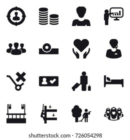 16 vector icon set : target audience, coin stack, woman, presentation, group, check in, passenger, bed, skyscapers cleaning, skyscrapers cleaning, garden cleaning, outsource