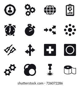 16 vector icon set : target audience, gear, globe, report, alarm clock, stopwatch, core splitting, round around, first aid, ring button, toilet paper