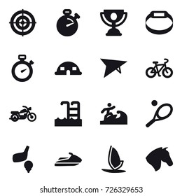 16 vector icon set : target, stopwatch, trophy, smart bracelet, dome house, deltaplane, bike, motorcycle, pool, surfer, tennis, golf, jet ski, windsurfing, horse