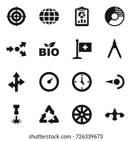 16 vector icon set : target, globe, report, circle diagram, core splitting, bio, drawing compass, barometer, watch, wheel, hard reach place cleaning