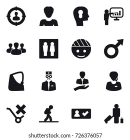 16 vector icon set : target audience, woman, bulb head, presentation, group, wc, tourist, check in, passenger