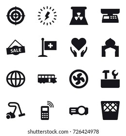 16 vector icon set : target, lightning, nuclear power, market scales, sale, minaret, globe, bus, cooler fan, repair tools, vacuum cleaner, trash bin