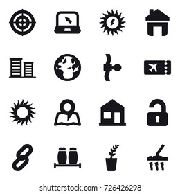 16 vector icon set : target, notebook, sun power, home, district, ticket, sun, map, unlocked, seedling, vacuum cleaner