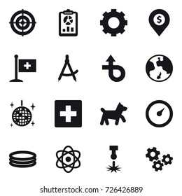 16 vector icon set : target, report, gear, dollar pin, draw compass, earth, disco ball, first aid, dog, barometer, inflatable pool, gears