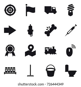 16 vector icon set : target, flag, truck, bulb, right arrow, spark plug, medal, train, rake, bucket, toilet