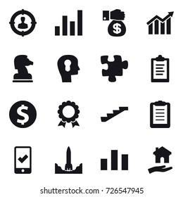 16 vector icon set : target audience, graph, money gift, diagram, chess horse, bulb head, puzzle, clipboard, dollar coin, medal, stairs, mobile checking, housing