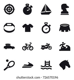 16 vector icon set : target, stopwatch, boat, chess horse, smart bracelet, t-shirt, stadium, car baggage, bike, motorcycle, surfer, tennis, jet ski, pool, horse