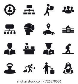 16 vector icon set : target audience, hierarchy, courier, group, structure, virtual mask, car pointer, tourist, vacuum cleaner, garbage bin, cleaner