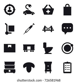 16 vector icon set : target audience, electric car, add to basket, shopping bag, cargo stoller, bridge, toilet, mushroom, hive, clipboard list