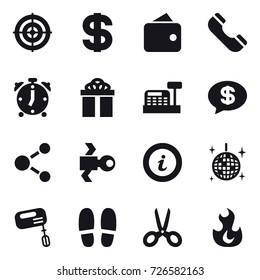16 vector icon set : target, dollar, wallet, phone, alarm clock, gift, cashbox, money message, molecule, satellite, info, disco ball, mixer, slippers, scissors