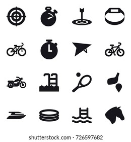 16 vector icon set : target, stopwatch, smart bracelet, bike, deltaplane, motorcycle, pool, tennis, golf, yacht, inflatable pool, horse