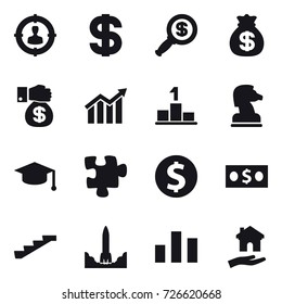 16 vector icon set : target audience, dollar, dollar magnifier, money bag, money gift, diagram, pedestal, chess horse, graduate hat, puzzle, dollar coin, money, stairs, housing