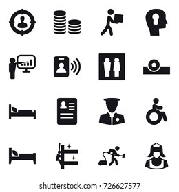 16 vector icon set : target audience, coin stack, courier, bulb head, presentation, pass card, wc, invalid, bed, skyscrapers cleaning, vacuum cleaner, cleaner