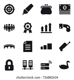 16 vector icon set : target, marker, purse, money, team, medal, graph up, hand coin, bridge, suitcase, locked, goose