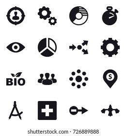16 vector icon set : target audience, gear, circle diagram, stopwatch, eye, diagram, core splitting, bio, group, round around, dollar pin, draw compass, first aid, hard reach place cleaning