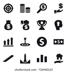 16 vector icon set : target, coin stack, dollar magnifier, investment, money bag, money gift, trophy, bulb head, graph up, dollar coin, money, stairs, housing