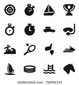 16 vector icon set : target, stopwatch, boat, trophy, car baggage, diving mask, surfer, tennis, golf, jet ski, windsurfing, inflatable pool, pool, horse