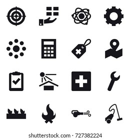 16 vector icon set : target, gift, atom, gear, round around, calculator, first aid, seedling, fire, blower, vacuum cleaner