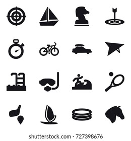 16 vector icon set : target, boat, chess horse, stopwatch, bike, car baggage, deltaplane, pool, diving mask, surfer, tennis, golf, windsurfing, inflatable pool, horse