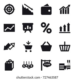 16 vector icon set : target, crisis, wallet, diagram, statistic, presentation, percent, graph up, up down arrow, add to cart, basket, shopping bag, sale, store signboard, mall