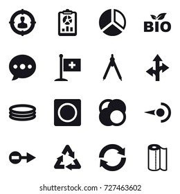 16 vector icon set : target audience, report, diagram, bio, ballon, drawing compass, inflatable pool, ring button, reload, paper towel