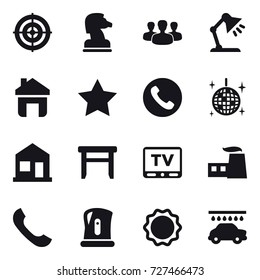 16 vector icon set : target, chess horse, group, table lamp, home, star, phone, disco ball, stool, tv, kettle, car wash