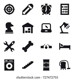 16 vector icon set : target, pencil, alarm clock, abacus, chess horse, warehouse, notebook, table lamp, pencil wrench, drawbridge, bed, washing machine, stairs, vacuum cleaner