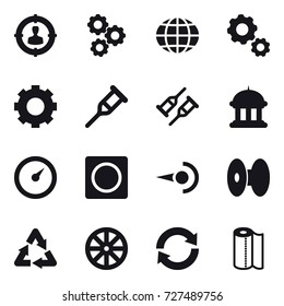 16 vector icon set : target audience, gear, globe, goverment house, barometer, ring button, wheel, reload, paper towel