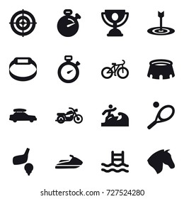 16 vector icon set : target, stopwatch, trophy, smart bracelet, bike, stadium, car baggage, motorcycle, surfer, tennis, golf, jet ski, pool, horse