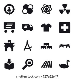16 vector icon set : target audience, atom core, atom, nuclear, delivery, t-shirt, arch, draw compass, block wall, bridge, field, goose