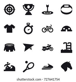 16 vector icon set : target, trophy, smart bracelet, t-shirt, stopwatch, bike, dome house, stadium, deltaplane, motorcycle, pool, surfer, tennis, jet ski, horse