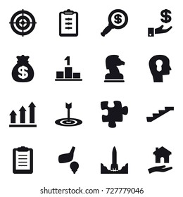 16 vector icon set : target, clipboard, dollar magnifier, investment, money bag, pedestal, chess horse, bulb head, graph up, puzzle, stairs, golf, housing