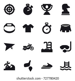 16 vector icon set : target, stopwatch, trophy, chess horse, smart bracelet, t-shirt, stadium, deltaplane, motorcycle, pool, diving mask, surfer, golf, jet ski