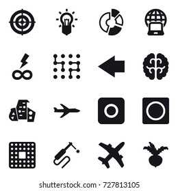 16 vector icon set : target, bulb, circle diagram, notebook globe, infinity power, chip, left arrow, modern architecture, plane, ring button, beet