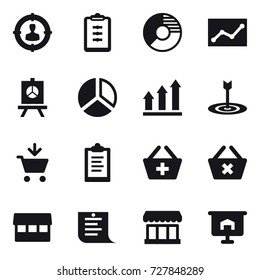 16 vector icon set : target audience, clipboard, circle diagram, statistic, presentation, diagram, graph up, target, add to cart, add to basket, delete cart, market, shopping list