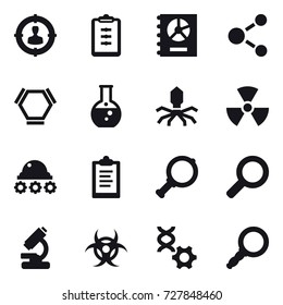 16 vector icon set : target audience, clipboard, annual report, molecule, hex molecule, round flask, virus, nuclear, lunar rover, magnifier