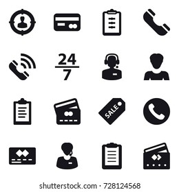 16 vector icon set : target audience, card, clipboard, phone, call, 24/7, call center, woman, credit card, sale label