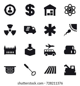16 vector icon set : target audience, dollar, warehouse, atom, nuclear, delivery, gothic architecture, transfer, colander, whisk, field, harvester