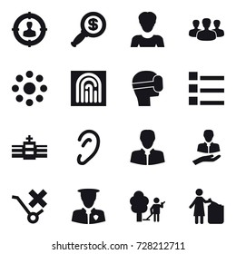 16 vector icon set : target audience, dollar magnifier, woman, group, round around, fingerprint, virtual mask, list, garden cleaning, garbage bin