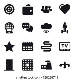 16 vector icon set : target, wallet, group, heart, notebook globe, discussion, cloud wireless, hoverboard, star, tv, door, hard reach place cleaning