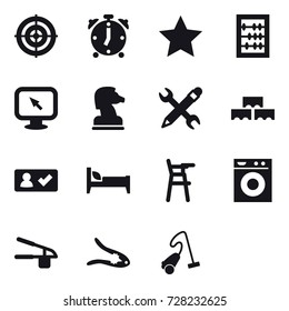 16 vector icon set : target, alarm clock, star, abacus, monitor arrow, chess horse, pencil wrench, block wall, check in, bed, Chair for babies, washing machine, garlic clasp, walnut crack