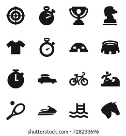 16 vector icon set : target, stopwatch, trophy, chess horse, t-shirt, dome house, stadium, car baggage, bike, surfer, tennis, jet ski, pool, horse