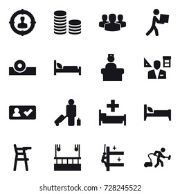 16 vector icon set : target audience, coin stack, group, courier, architector, check in, passenger, hospital, bed, Chair for babies, skyscapers cleaning, skyscrapers cleaning, vacuum cleaner